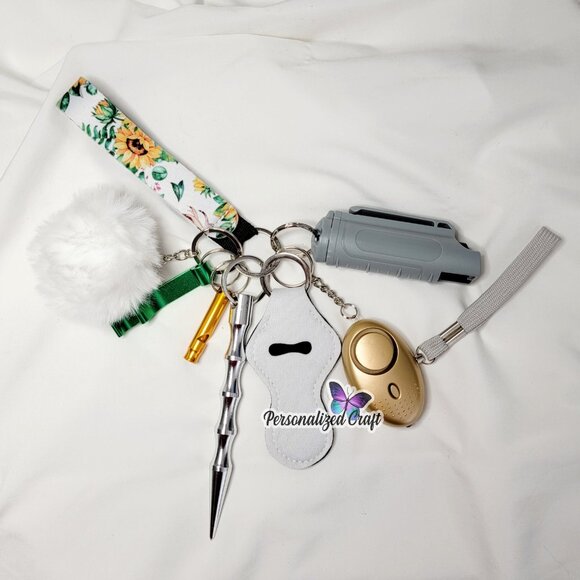 8 Piece Sunflower Safety Keychain Set, Pepper Spray, Window Breaker, Alarm + - Picture 1 of 1